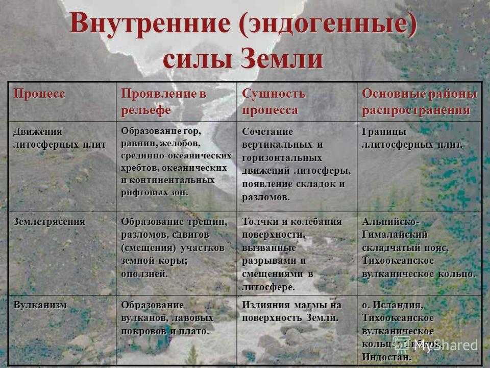 Рельеф земли и зависимость земной поверхности от внешних сил, таблица характеристик