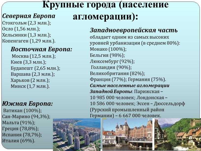 Агломерации зарубежной европы: крупнейшие мегаполисы, города и густонаселенные регионы