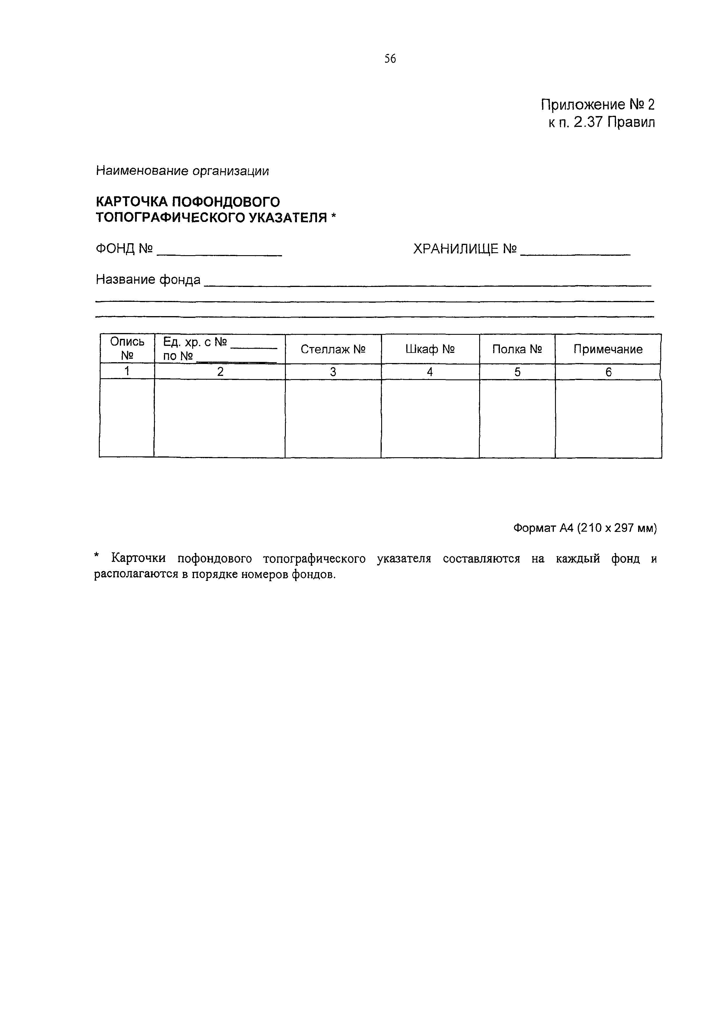 Форма карточки пофондового топографического указателя в фондах документов таможенного органа