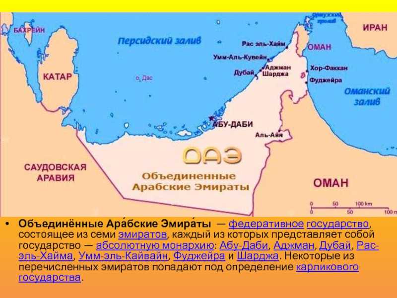 Географическое положение ОАЭ Объединенные Арабские Эмираты – молодое ближневосточное государство, расположенное на северо-востоке Аравийского