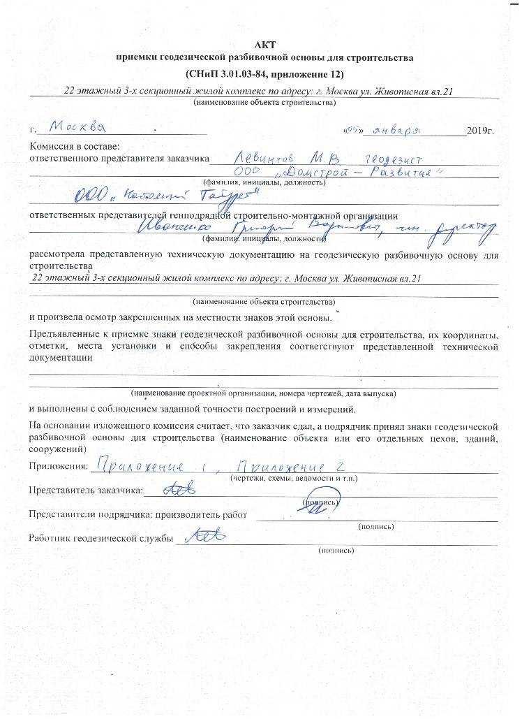 Акт освидетельствования гро пример заполнения. приемка геодезической разбивочной основы строительства