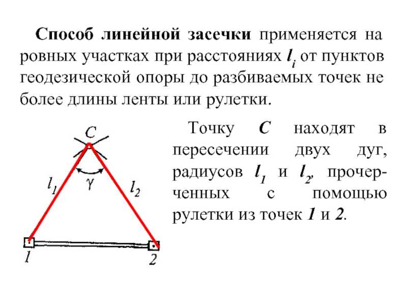 Прямая геодезическая засечка Прямая геодезическая засечка применяется для определения координат дополнительной точки на основании двух исходных пунктов с