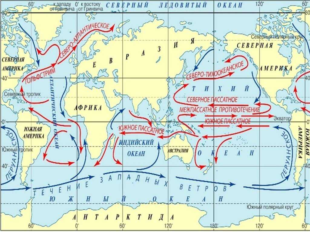 Холодные и теплые поверхностные течения на карте. морские течения в мировом океане