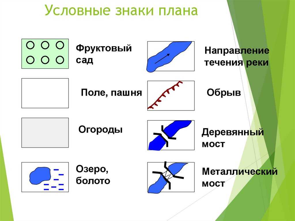 Нарисуйте условные знаки плана местности фруктовый сад и болото