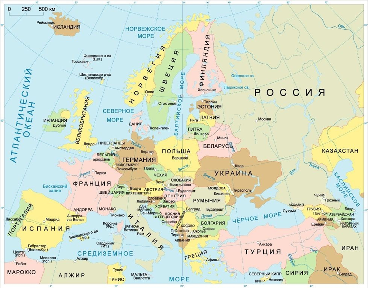 Карта европы со странами крупно на русском языке